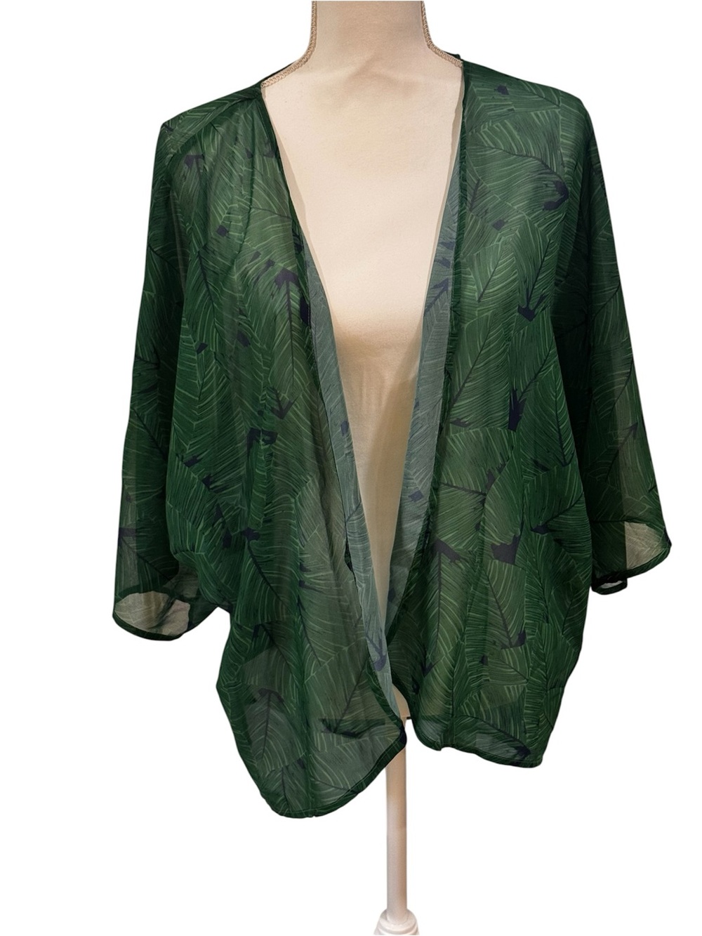 Green sheer leaf print lightweight open cardigan, beach cover up or overlay, M.